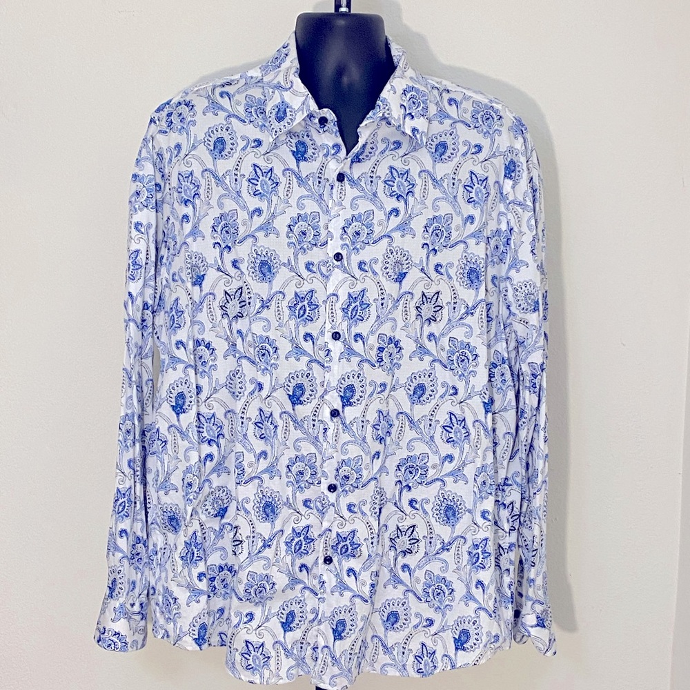 Tasso Elba white and blue casual button up shirt, like new condition XXL